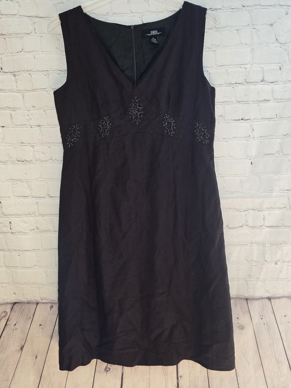 Tailor B. Moss 90s Y2k  Brown Linen Blend Beaded‎ Empire Waist Dress Sz 14